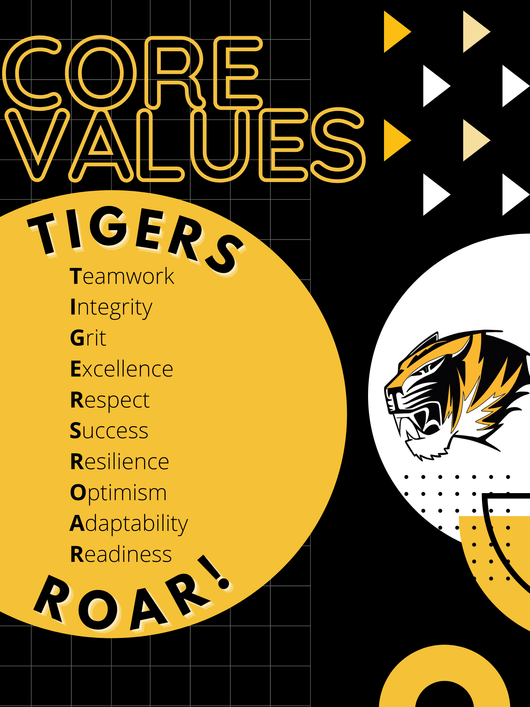CORE VALUES: TIGERS ROAR- Teamwork, Integrity, Grit, Excellence, Respect, Success, Resilience, Optimism, Adaptability, Readiness